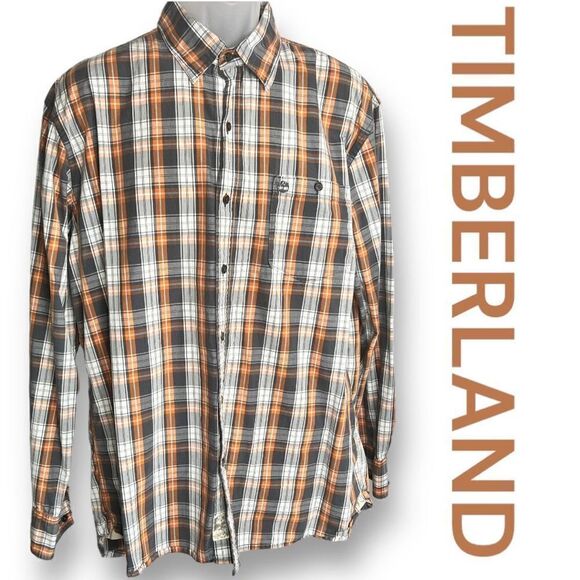 Timberland Shirt Plaid Button Down Men’s Large Brown COTTON Long Sleeve - Picture 1 of 8